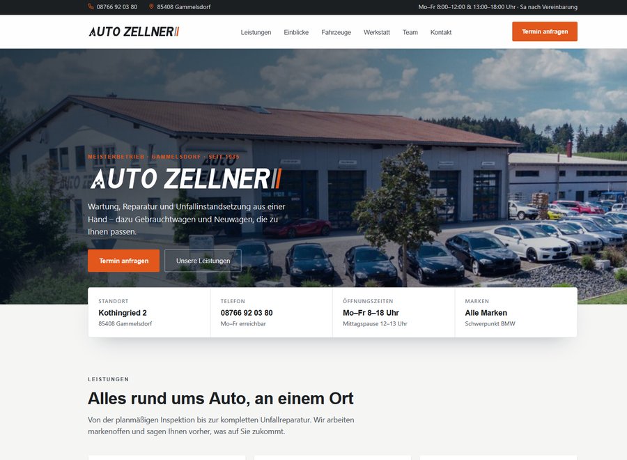 Startseite von Auto Zellner: Meisterbetrieb in Gammelsdorf mit Kontaktleiste, Navigation und großem Bild des Werkstattgeländes.