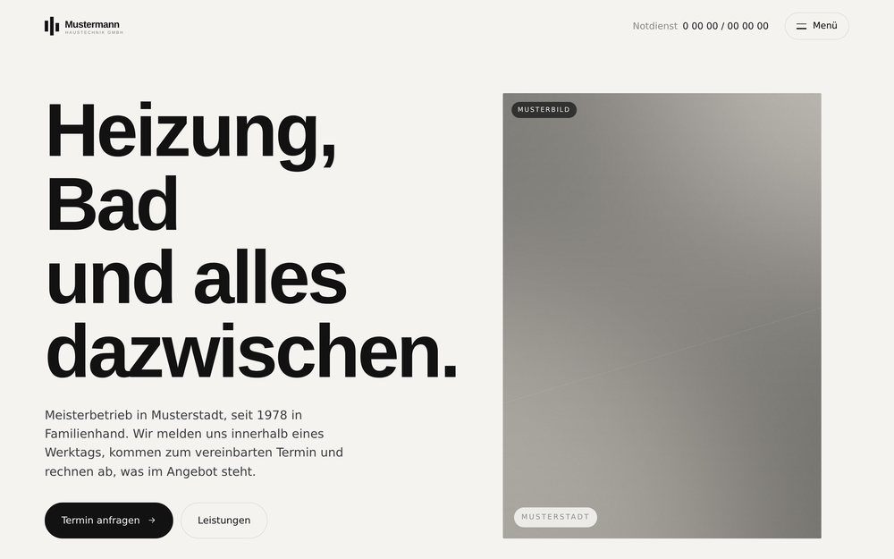 Startseite des Handwerk-Pakets: heller Auftritt mit großer Überschrift und Bild.
